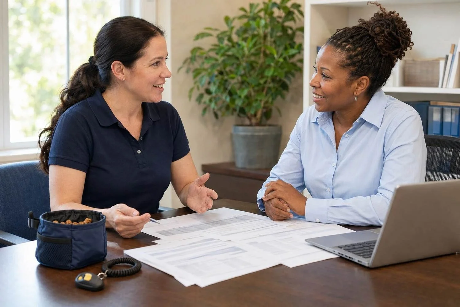 The same dog trainer in a navy polo sitting at a desk with a community lender, both smiling mid-conversation over printed financial statements, a training treat pouch and a clicker on a wrist coil on the desk beside a laptop