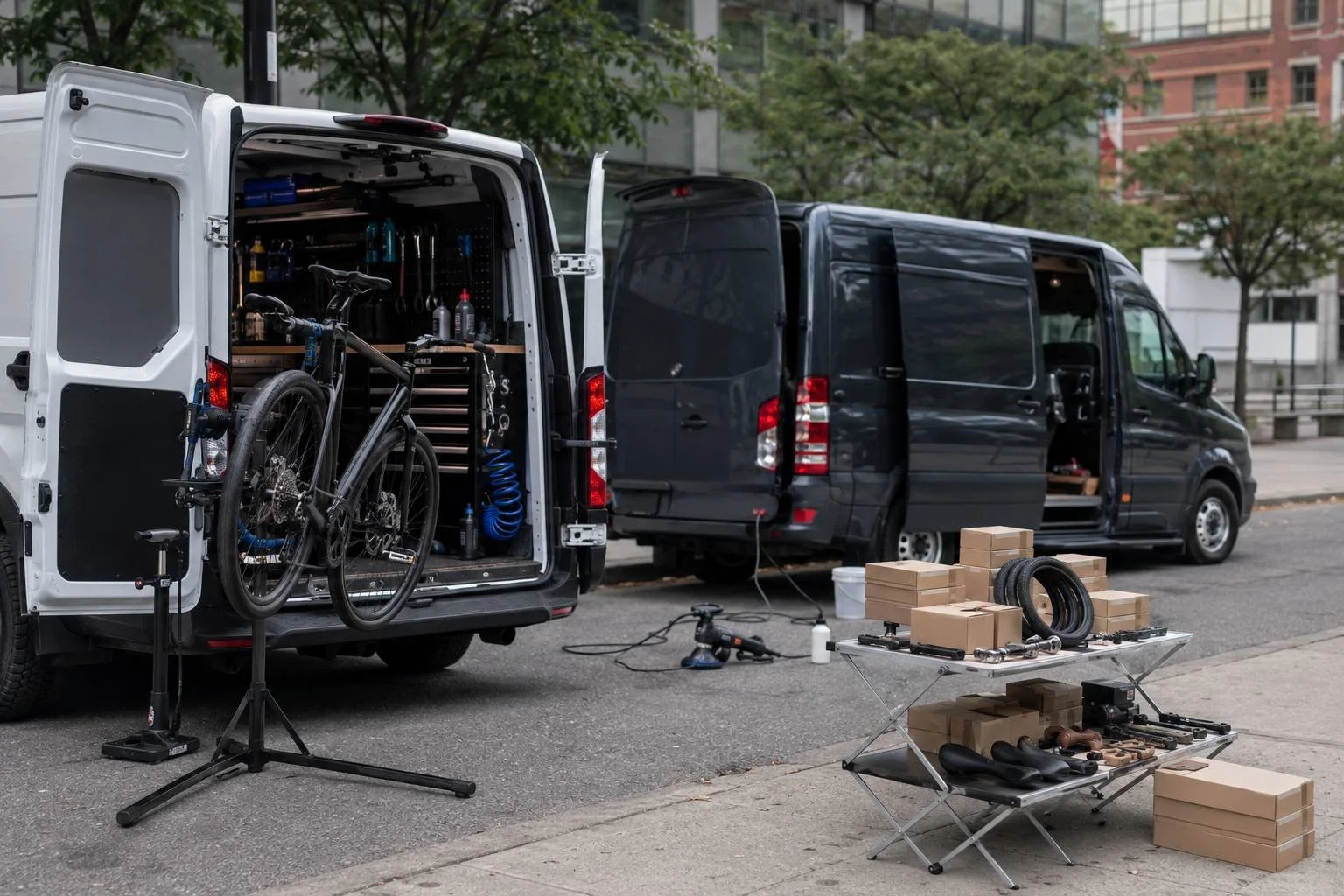 A fitted-out bicycle repair van with a bike on a work stand parked alongside a mobile detailing van and folding tables of boxed bike parts, tires, and saddles — a mobile-services cluster