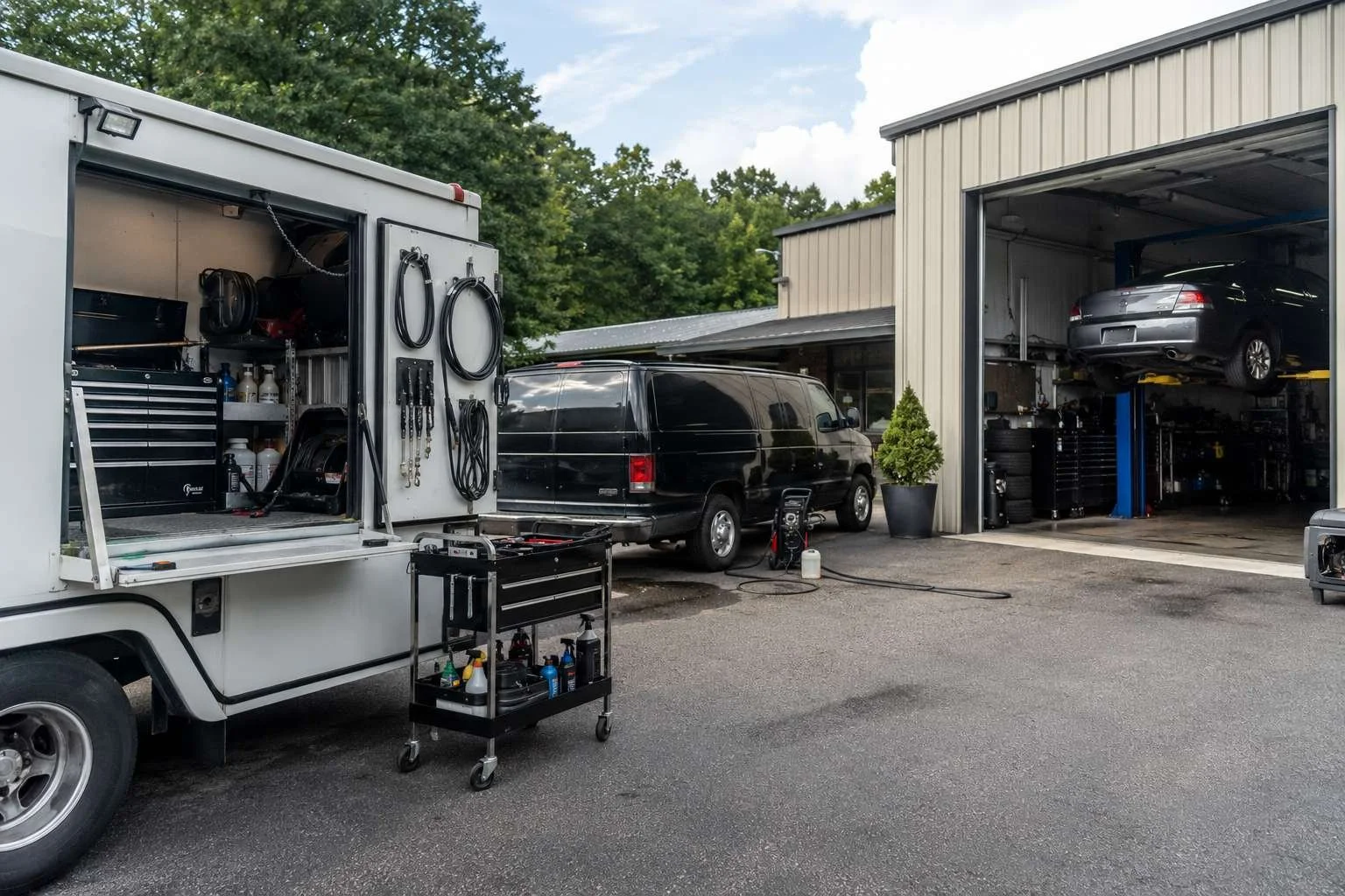A mobile mechanic service truck and tool cart staged beside a detailing van and an auto-shop bay with a lifted car — an automotive-services cluster