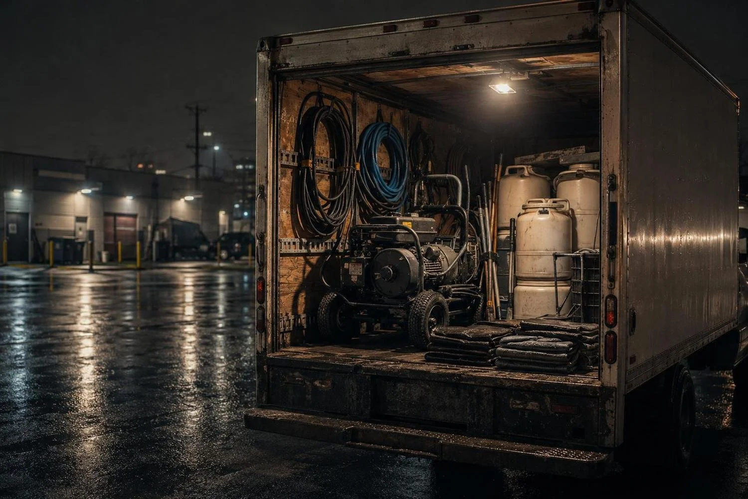 An unmarked box truck at night with pressure washer, hoses, degreaser drums, and containment tarps