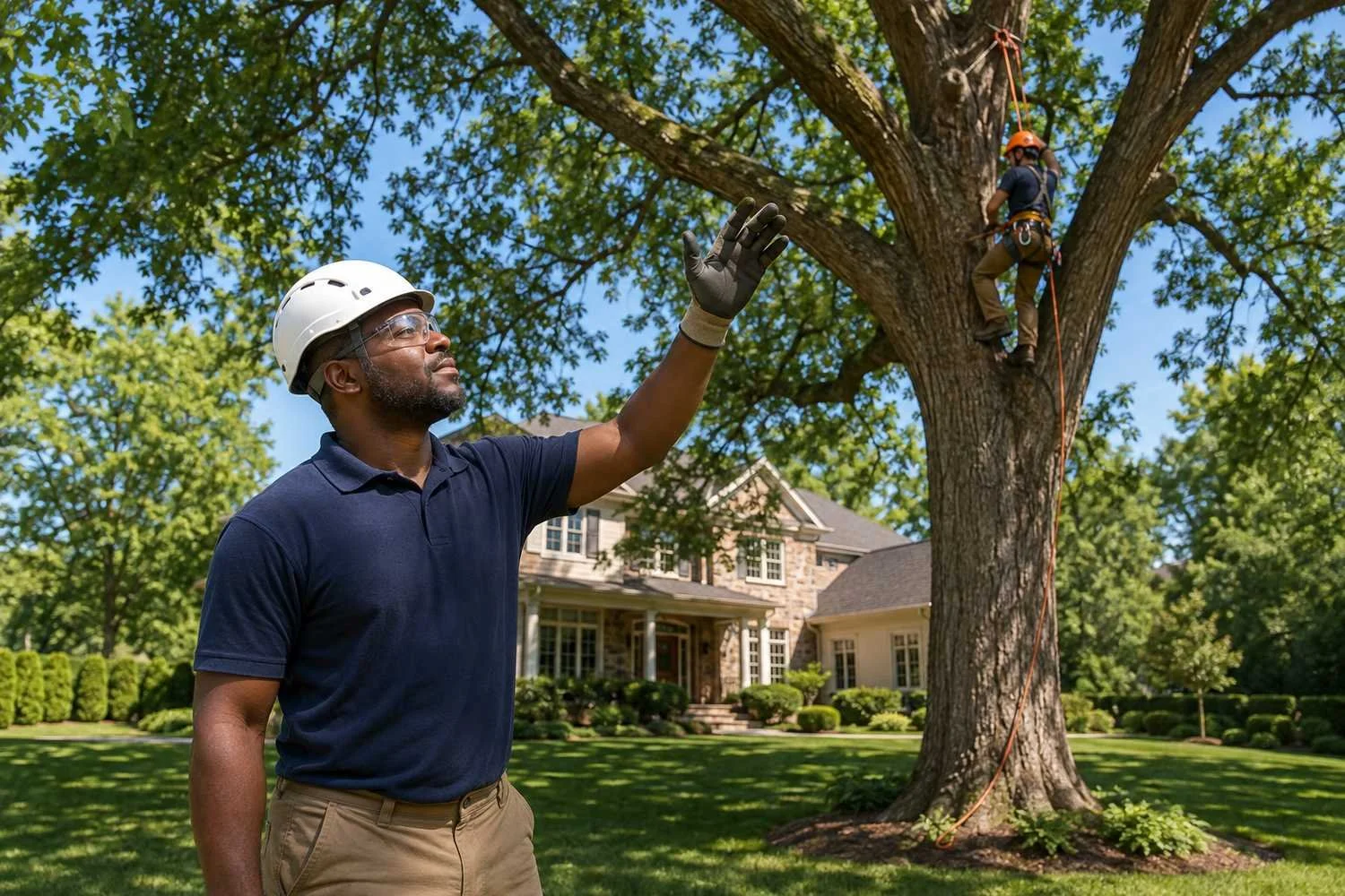 Three services sharing one clean contractor’s yard — the same white chip truck with its towed wood chipper, a trailer carrying two commercial zero-turn mowers, and a truck-mounted snow plow blade resting on its stand