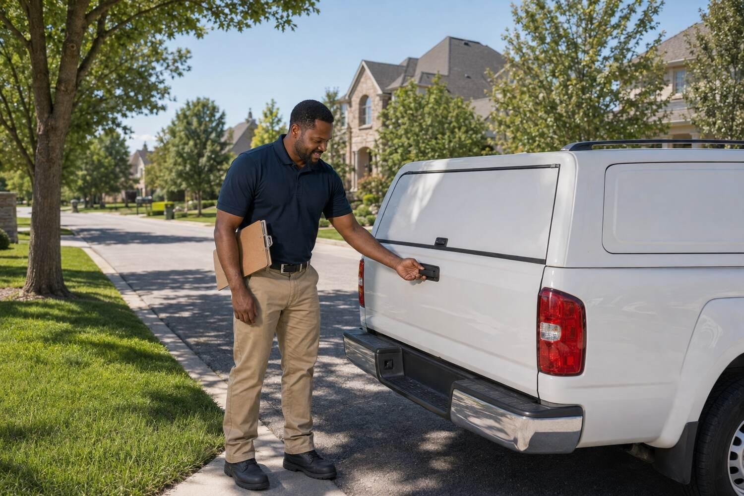 The same technician, in the same navy polo and khakis with a clipboard under one arm, closing the rear door of his white service pickup at the curb of a quiet residential street of large houses and mature trees