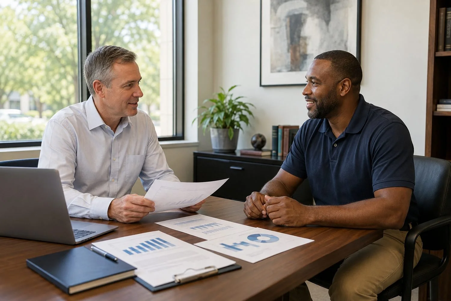 The same portable storage owner, in his navy polo and khakis, sitting at a table with a community lender in a light shirt, the two of them going through printed financial statements and utilization charts together