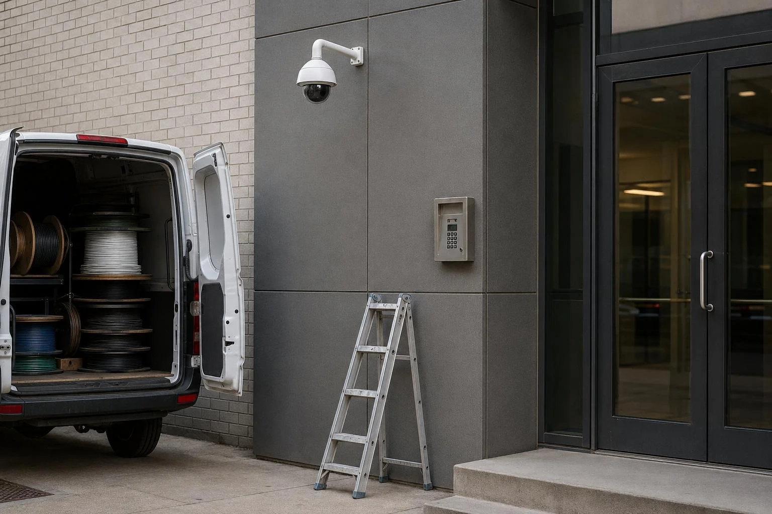 A cargo van parked at a commercial building beside a mounted security camera and access-control keypad, staging a commercial-technology services cluster