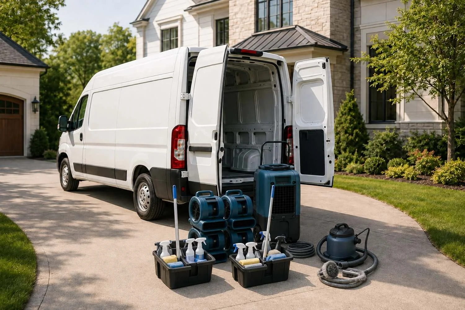 Three cleaning services gathered on the driveway of one property — the same white restoration van with its air movers and dehumidifier, two janitorial caddies of sprays and cloths, and a dryer vent brush kit with its coiled rods and vacuum