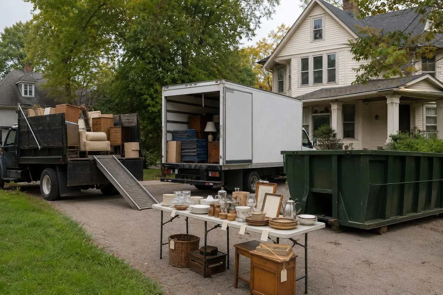 An older home's driveway staged as a clearance-services cluster — a dump-body junk truck with a loaded ramp, a moving box van stacked with blankets, an estate-sale table of tagged china and lamps, and a roll-off dumpster