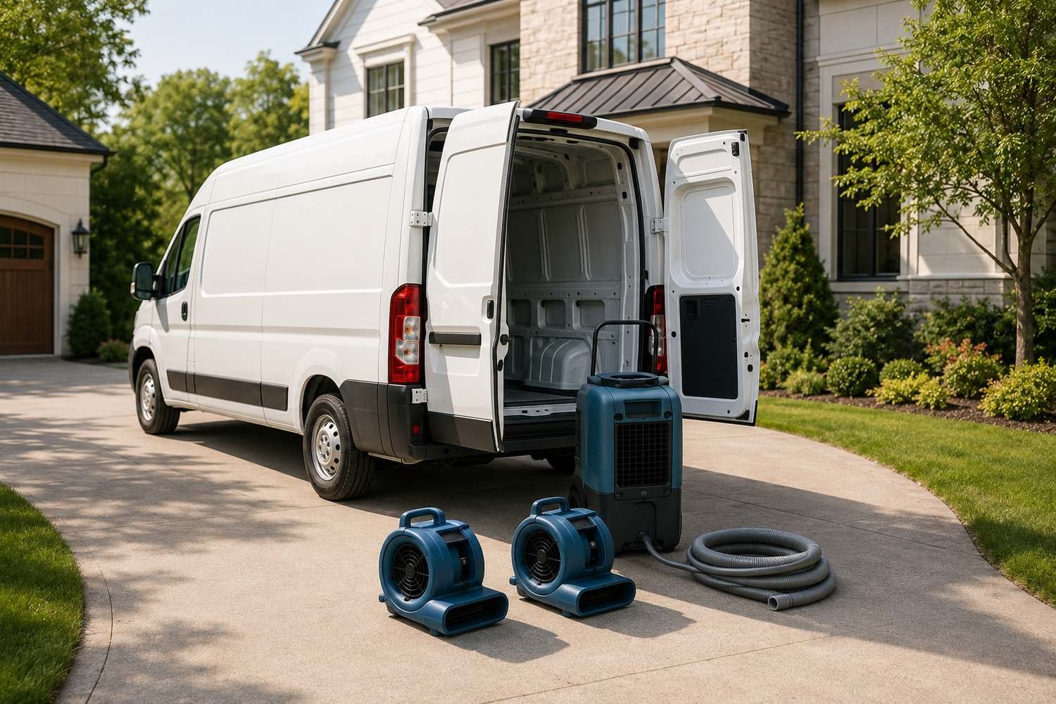 An unmarked white service van with its rear doors open on the driveway of a large well-kept home, a dehumidifier and two air movers set out beside it ready to carry in, with a coiled extraction hose alongside