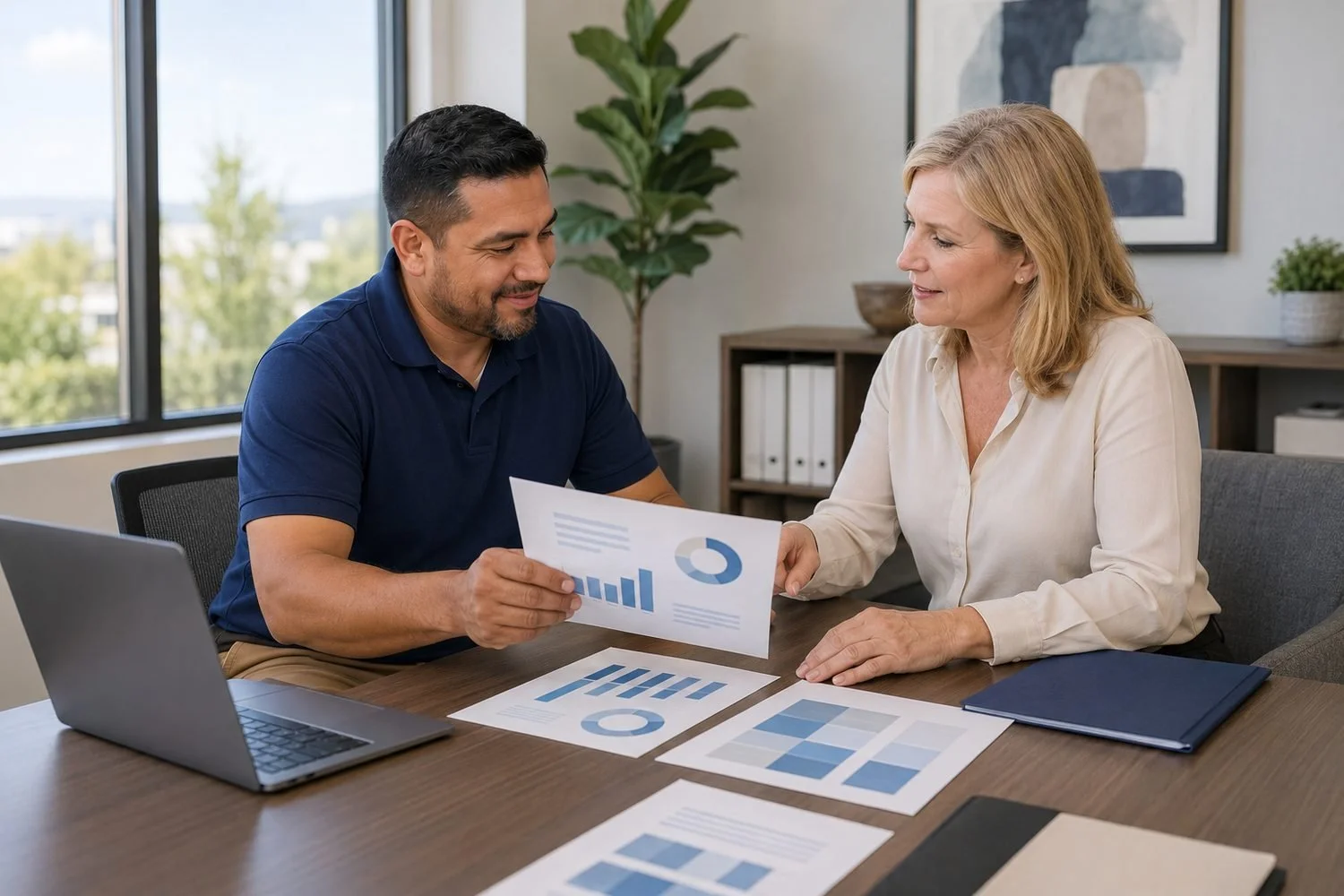The same sign business owner, in his navy polo, sitting at a table with a community lender in a cream blouse, the two of them going through printed financial statements and a commercial account schedule together