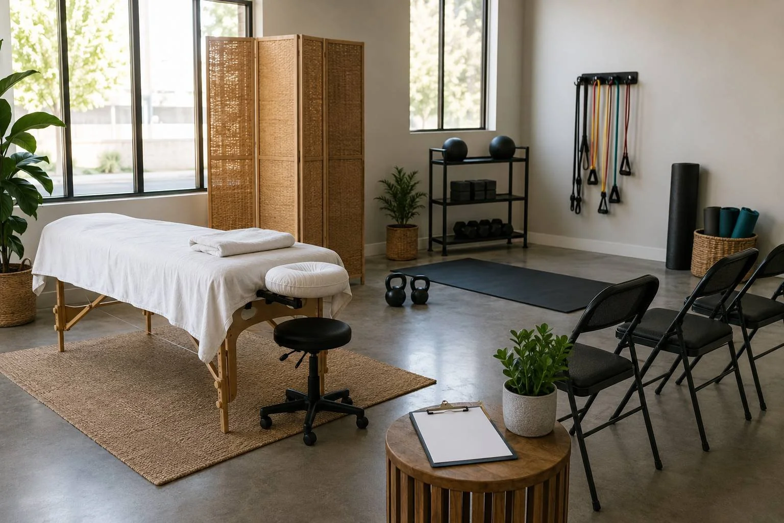 A dressed massage table behind a folding screen in an open room, alongside a personal-training area with kettlebells, mats and resistance bands, and a row of folding chairs with a blank sign-in clipboard — a wellness cluster