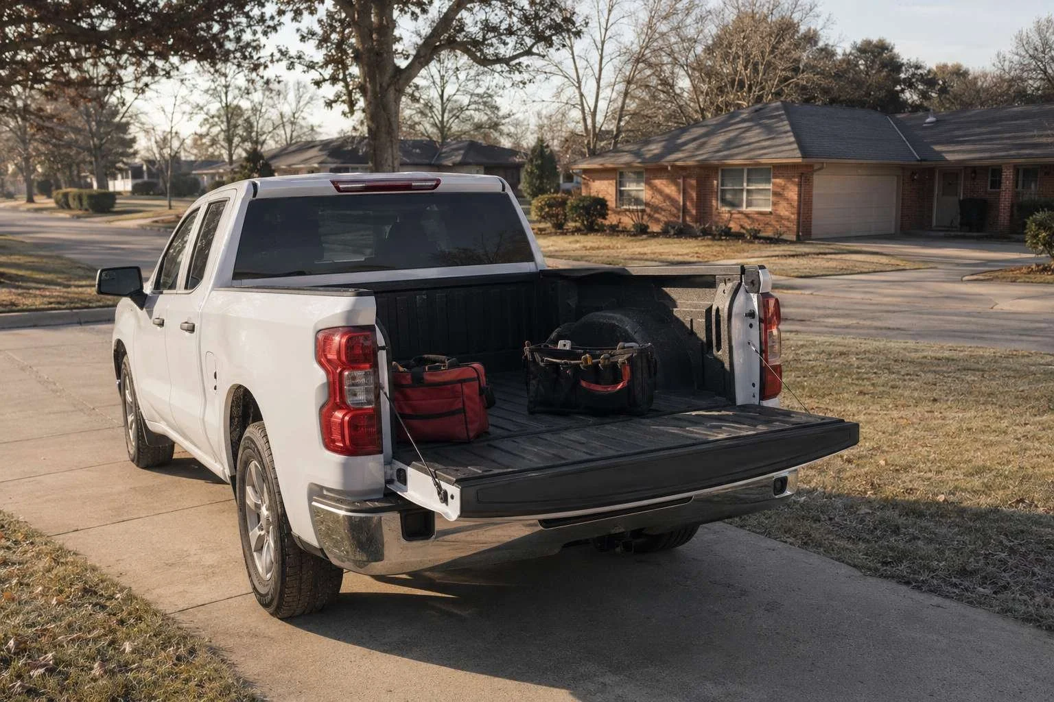 A single handyman's pickup with tool bags in the bed parked on a suburban residential street