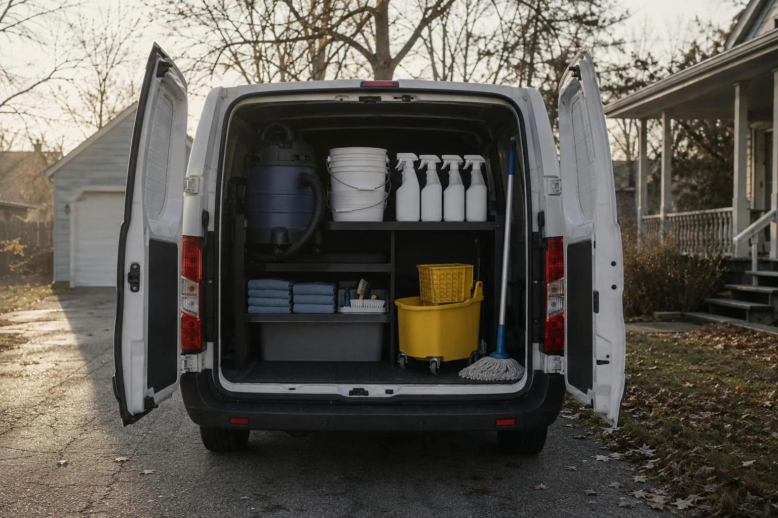 Cleaning business startup supplies staged beside a service van — microfiber cloths, spray bottles, a vacuum and a mop bucket