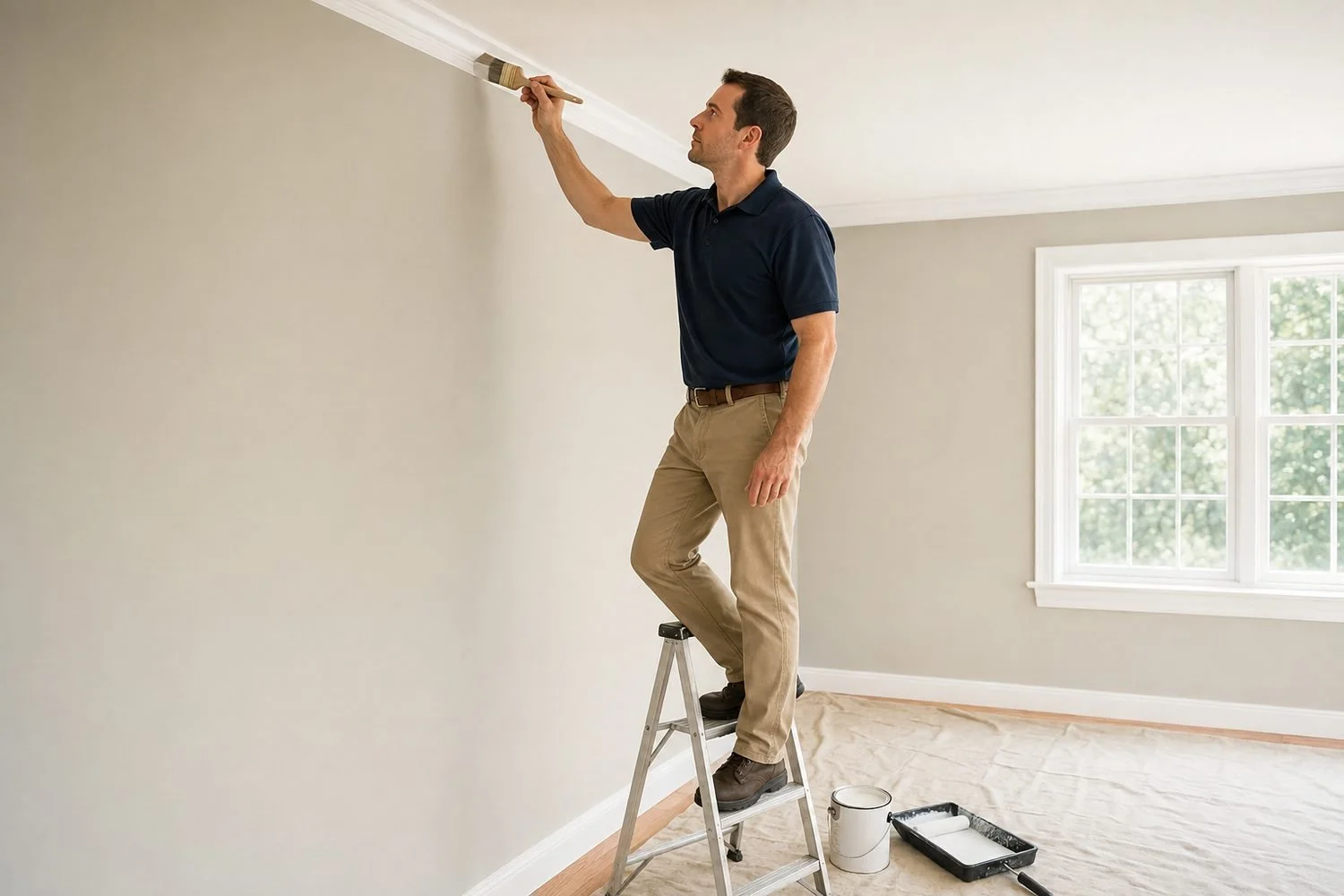 A painter in a dark navy polo and khaki chinos standing on a step ladder, cutting a clean edge along the ceiling trim with an angled brush in a bright empty room, drop cloths down and a paint can and roller tray on the floor