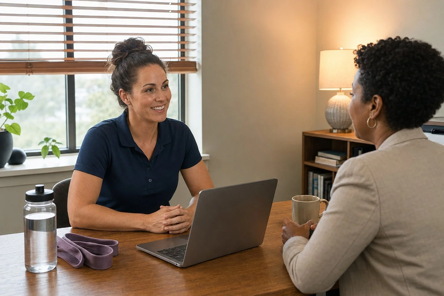 A personal trainer in a navy polo reviewing financials with a community lender across a desk, a water bottle and resistance band on the table