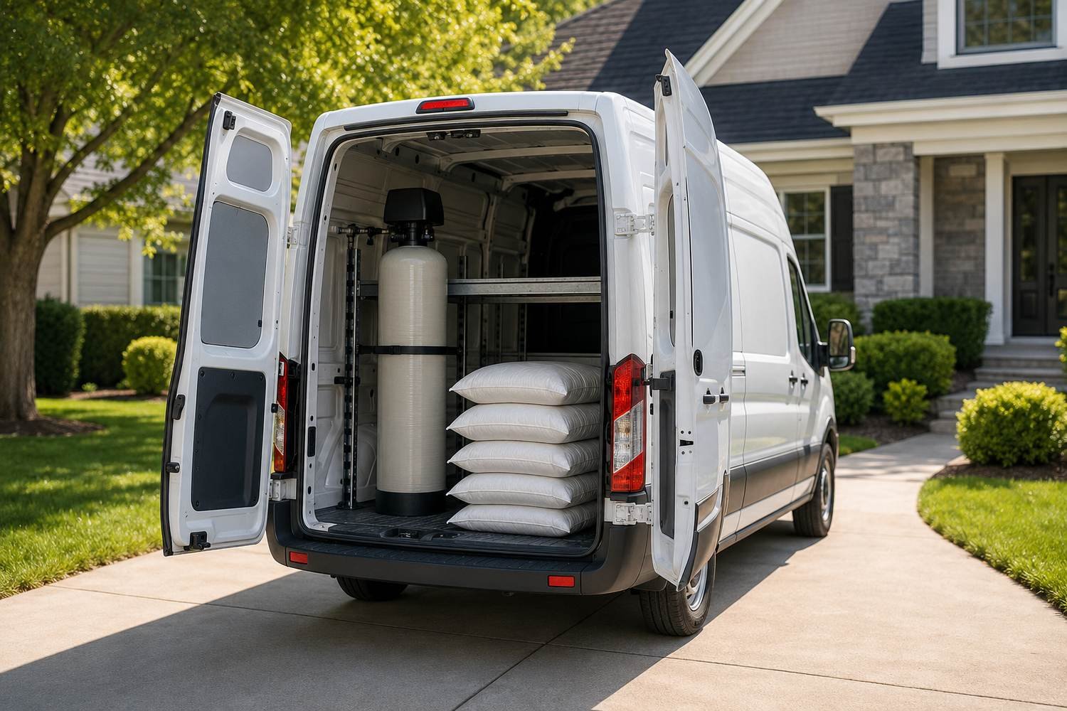 The same owner's unmarked white service van parked on the driveway of a well-kept suburban home, rear doors open on a resin tank strapped to the shelving and a stack of salt bags