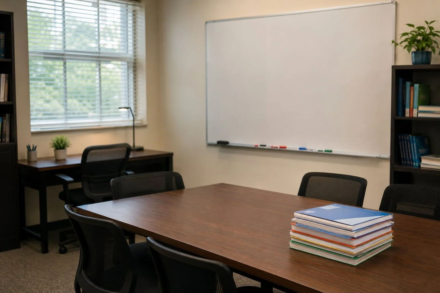 A tidy empty tutoring room with a whiteboard, a stack of practice-test workbooks and chairs pulled up to a table