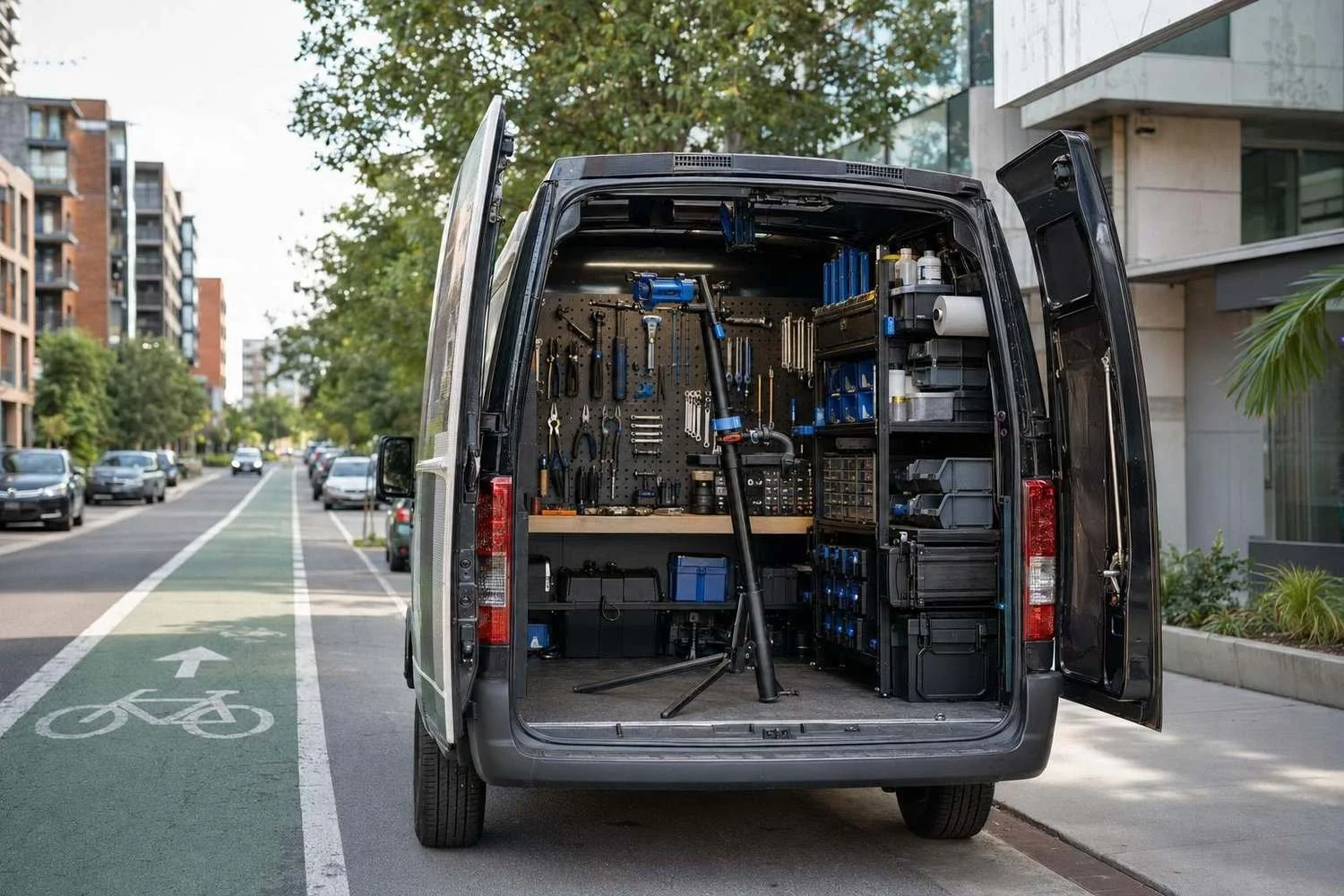 A single fitted-out bicycle repair van parked beside a green-painted urban bike lane, rear doors open to show a pegboard of tools, parts bins, and a repair stand