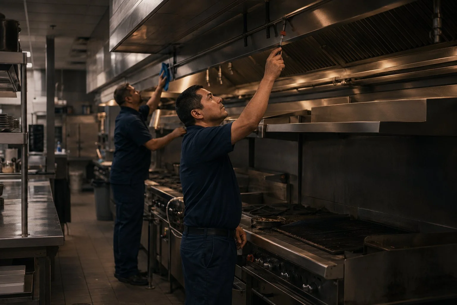 A technician servicing a kitchen suppression system while another cleans the exhaust hood above the same cook line