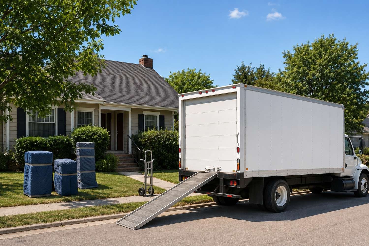 An unmarked white box truck with its loading ramp down at the curb of a settled older single-family home, three pieces of furniture wrapped in quilted blankets waiting on the lawn beside a hand truck
