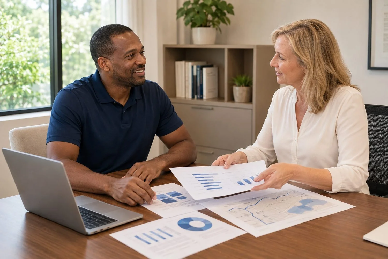 The same solar cleaning owner, in his navy polo, sitting at a table with a community lender in a cream blouse, the two of them going through printed financial statements and a route map together
