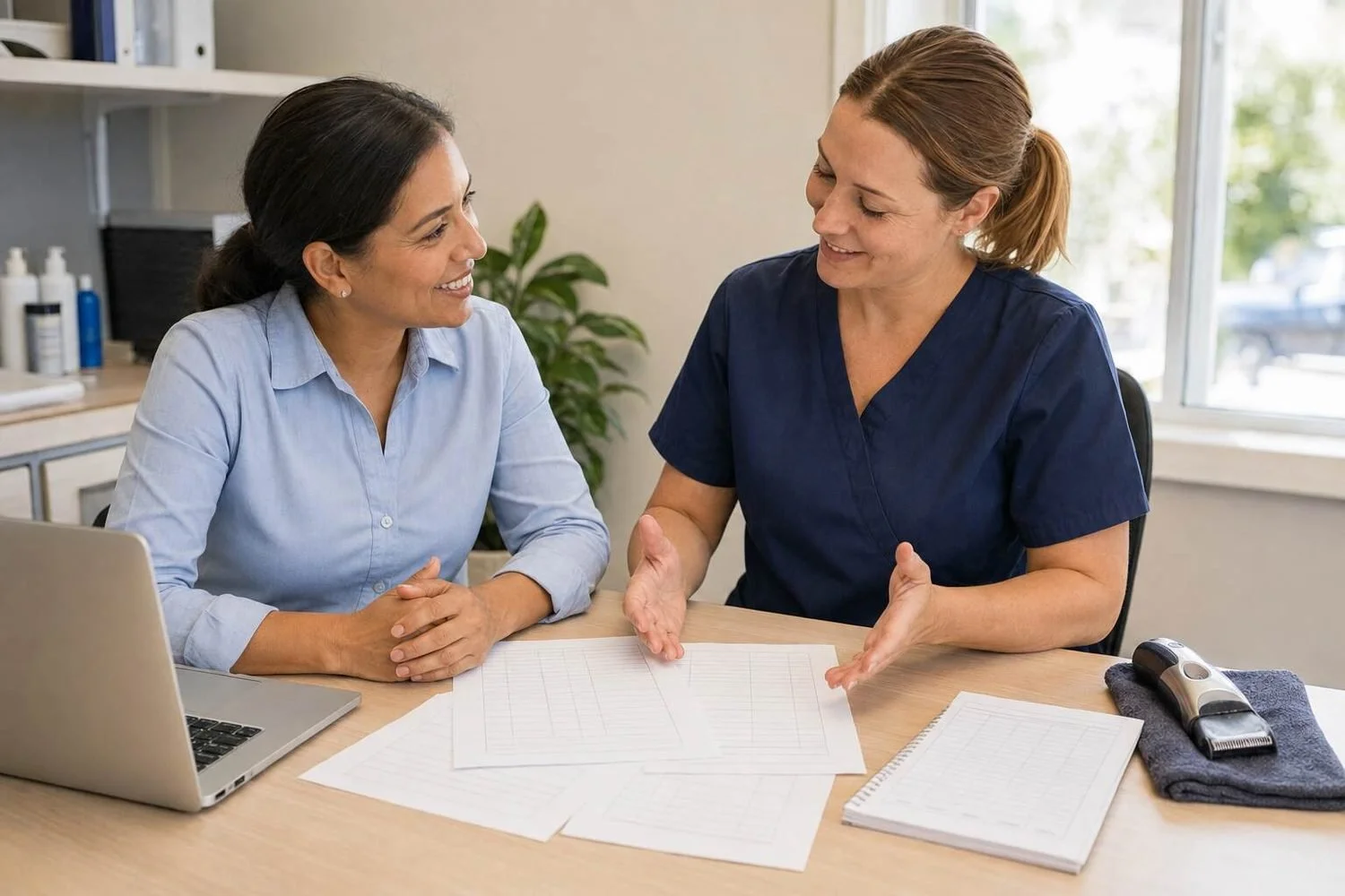 The same mobile pet grooming business owner in navy scrubs sitting at a desk with a community lender, both smiling mid-conversation over blank standing-appointment schedules spread across the desk, a pair of clippers on a folded towel beside a laptop