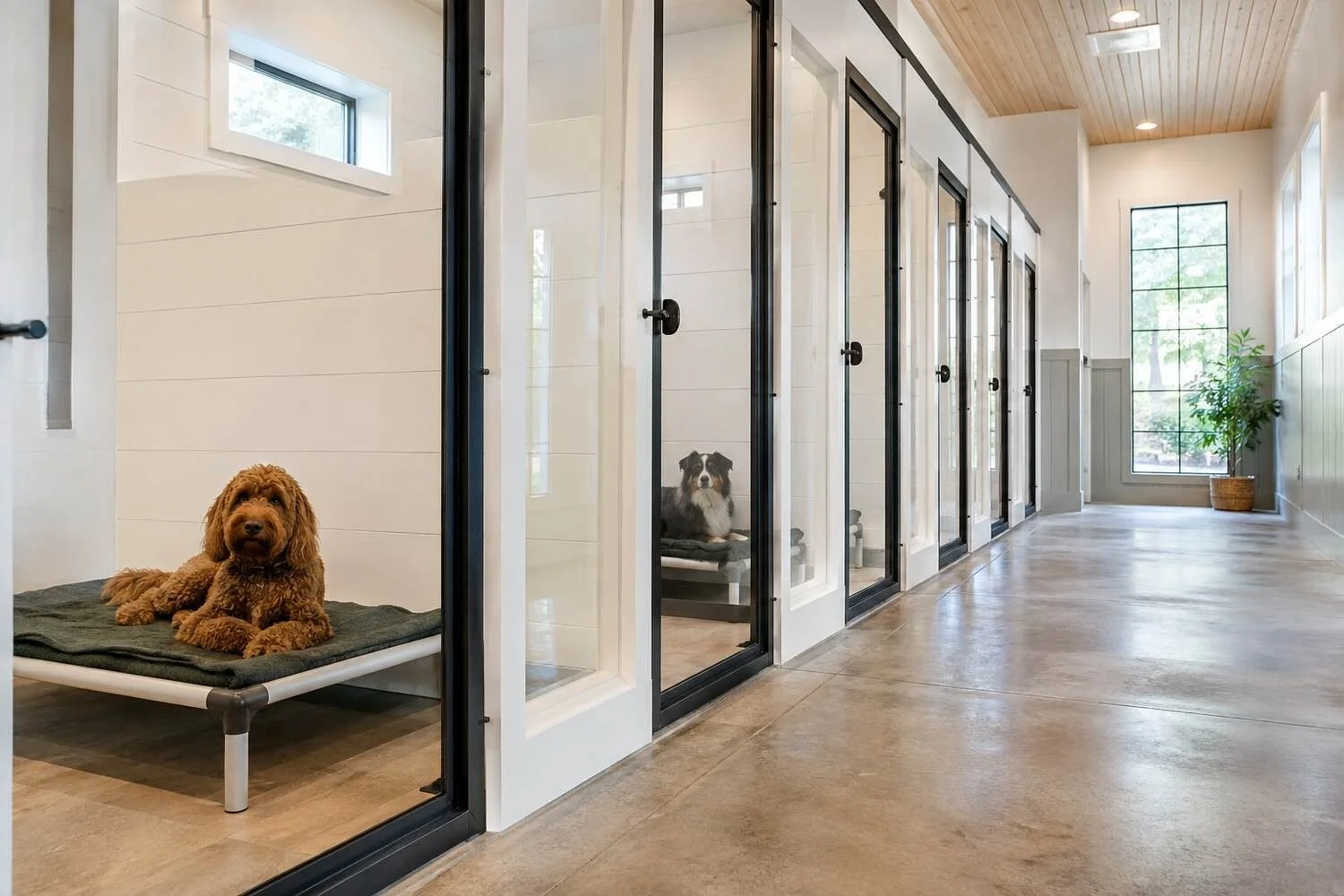 A corridor of walk-in boarding suites in a well-kept independent facility, each with a glass front, a raised cot and a folded blanket, two relaxed dogs resting in their own suites, daylight from a tall window at the end of the polished floor