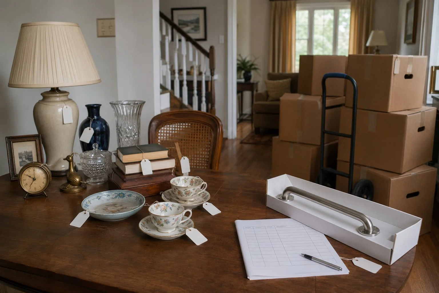 Price-tagged estate items beside labeled moving boxes, a hand truck, and a grab-bar box — a senior-services lifecycle cluster