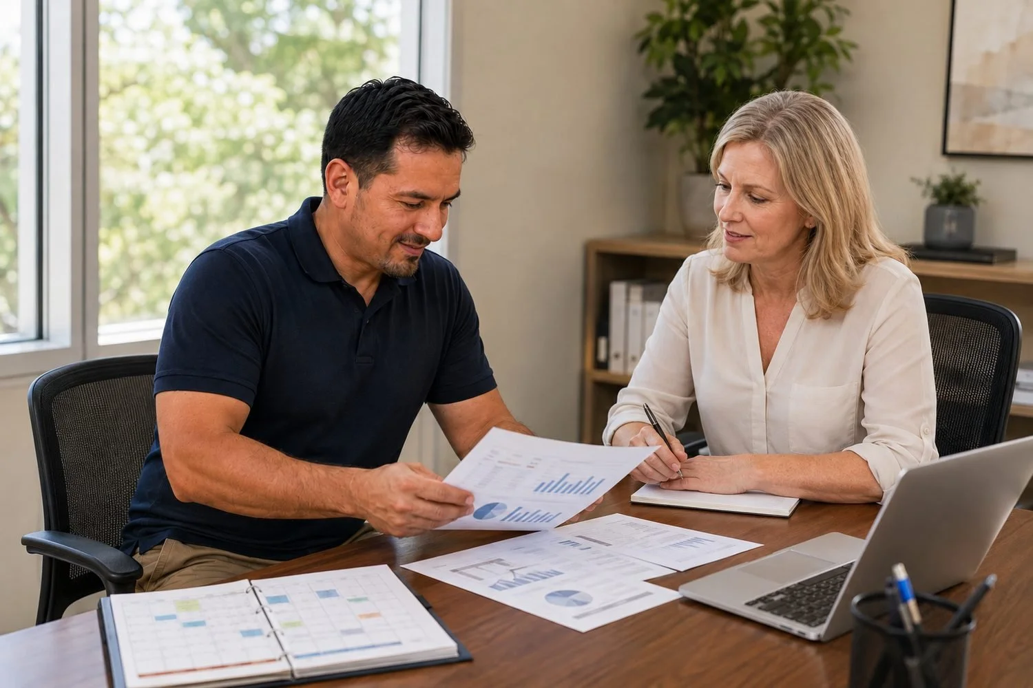 The same plumber, now the business owner in his navy polo, sitting at a table with a community lender in a cream blouse, the two of them going through printed financial statements and a service-call calendar together