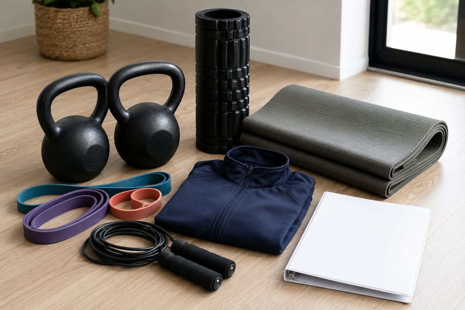 A portable personal-training kit staged on the floor — kettlebells, resistance bands, a jump rope, a folded mat, and a binder