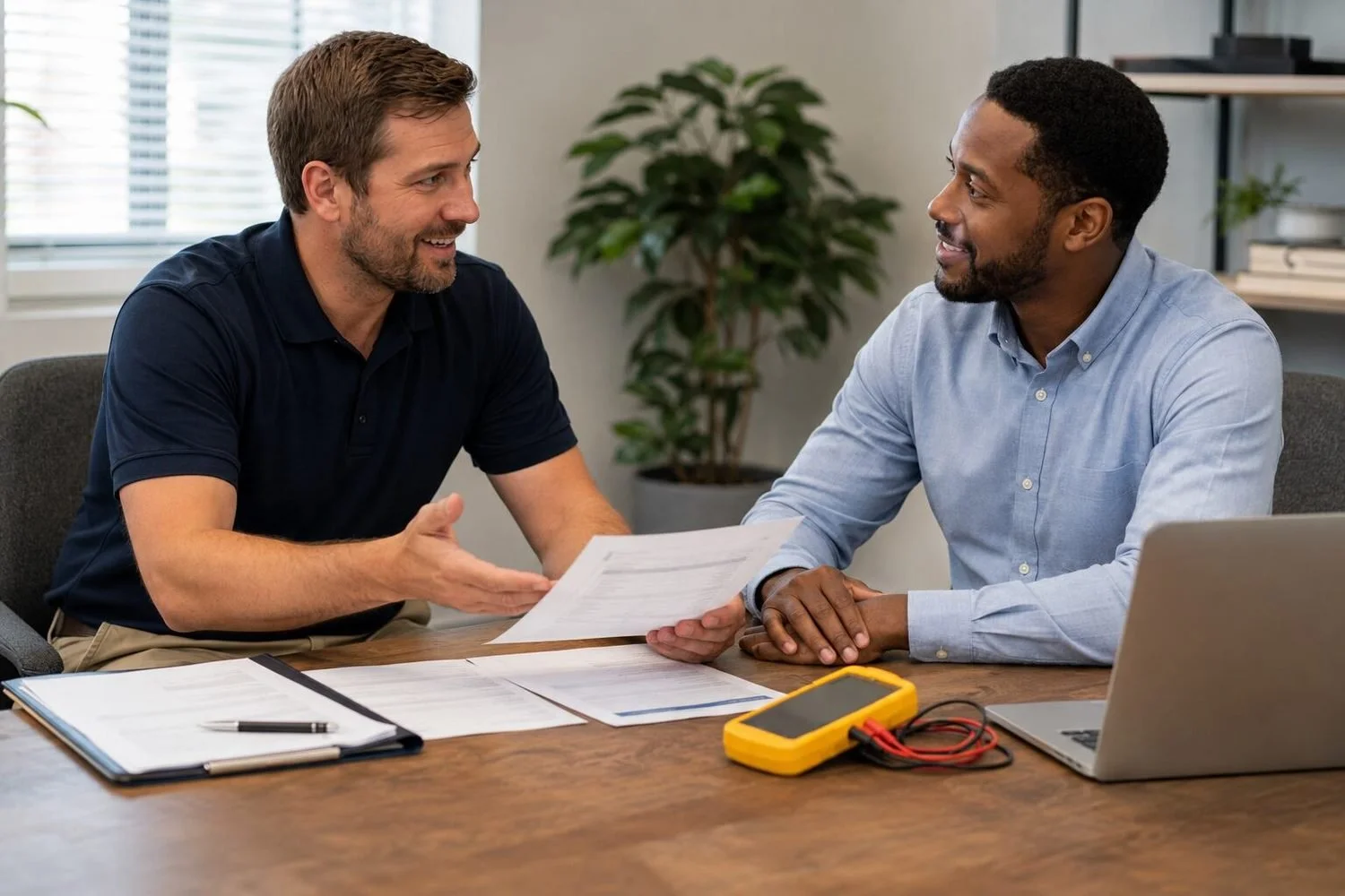 An appliance repair business owner in a navy polo shirt sitting at a desk with a community lender, both smiling mid-conversation over printed financial statements, a yellow multimeter with coiled red and black leads on the desk beside a laptop