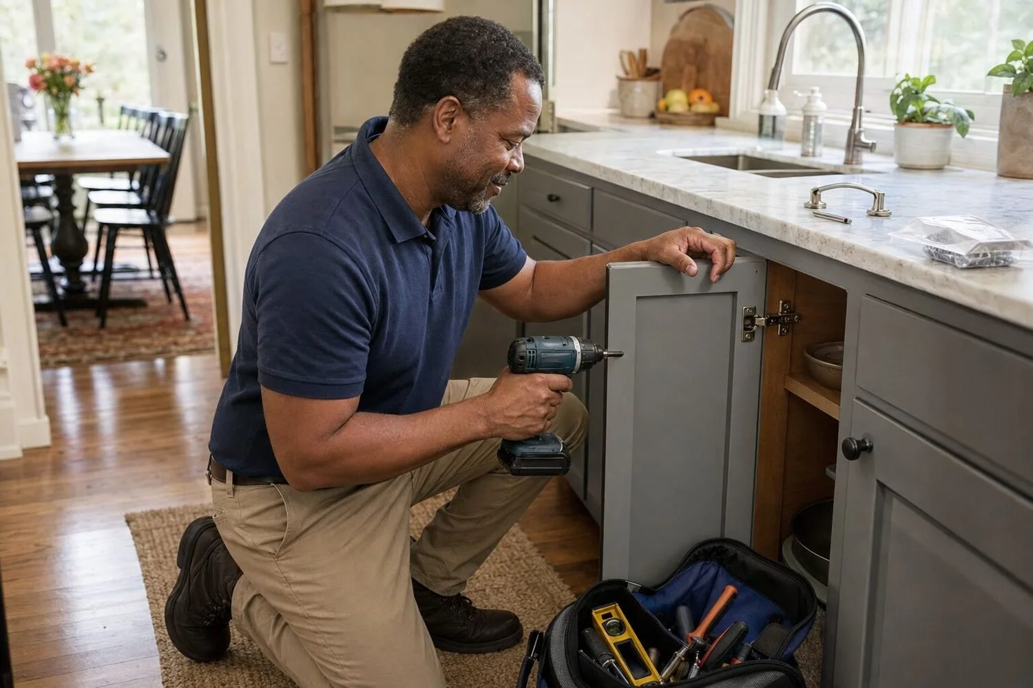 A handyman in a navy polo shirt and khaki chinos kneeling in a lived-in family kitchen, smiling as he refits a cabinet door hinge with a cordless drill, an open tool bag beside him and a replacement handle and packet of screws waiting on the worktop