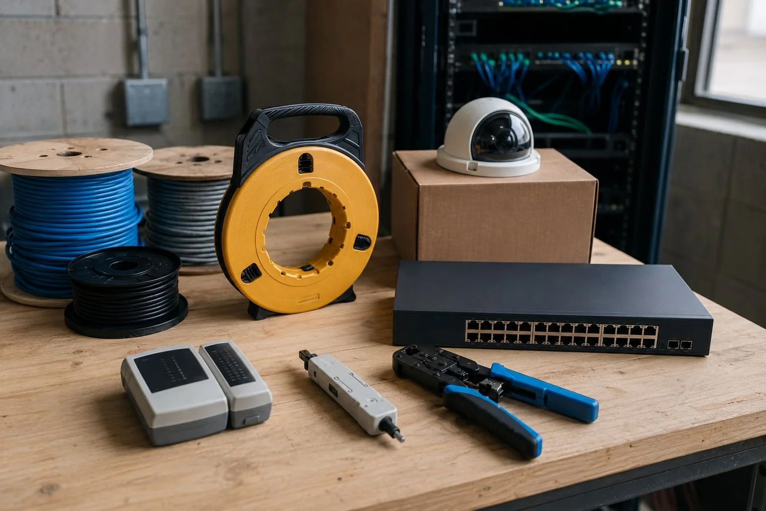 IT field startup gear staged on a workbench — spools of network cable, a fish tape, a punch-down tool, a 24-port network switch, and a dome security camera