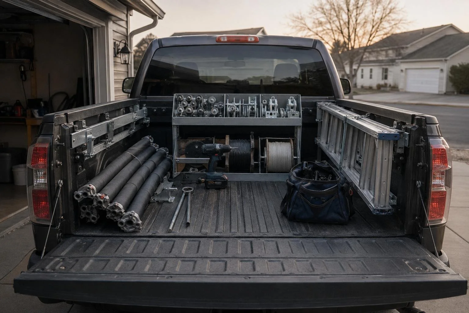 Garage door startup equipment staged at a service truck — winding bars, torsion springs, opener units, drill and ladder