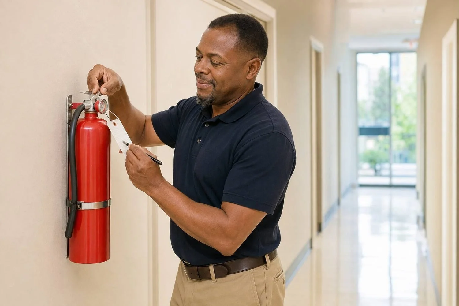 A fire protection technician in a navy polo shirt and khaki chinos signing the paper service tag on a red wall-mounted extinguisher in a bright commercial corridor, one hand on the gauge, daylight from a glazed wall further down
