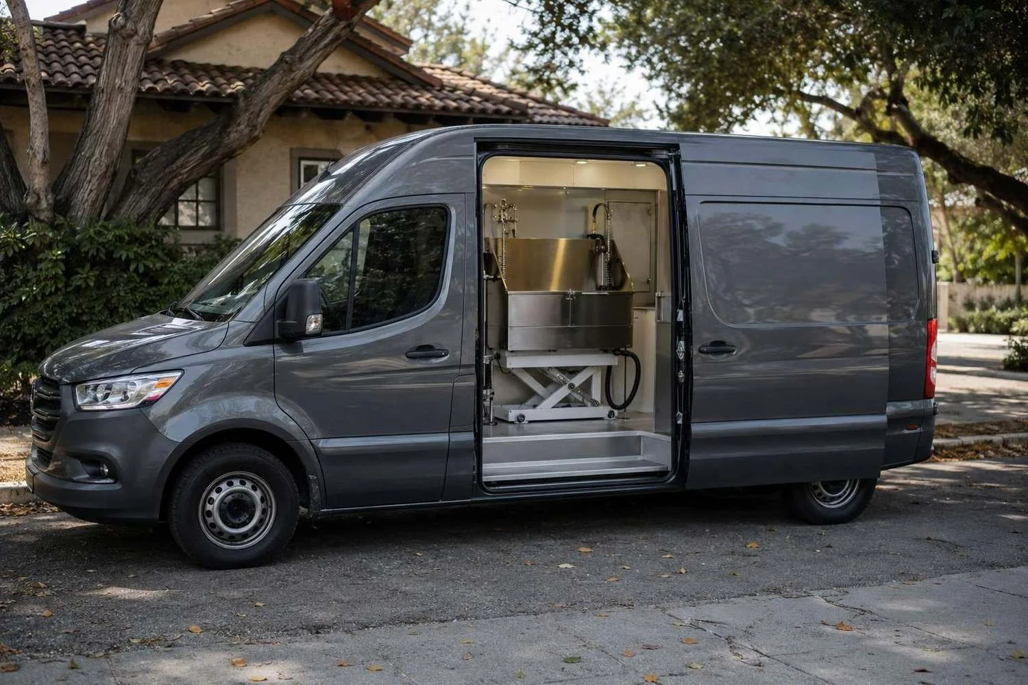 A single fitted-out grooming van parked at a suburban curb, side door open to show the stainless hydraulic tub and grooming station inside