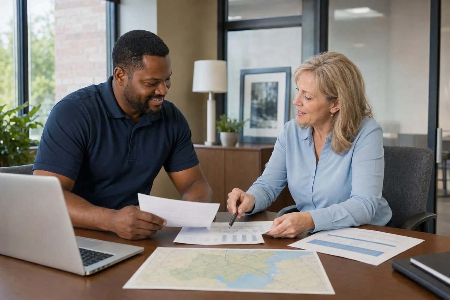 The same technician, now the business owner in his navy polo, sitting at a table with a community lender in a light blue blouse, the two of them going over printed financial statements and a route map together