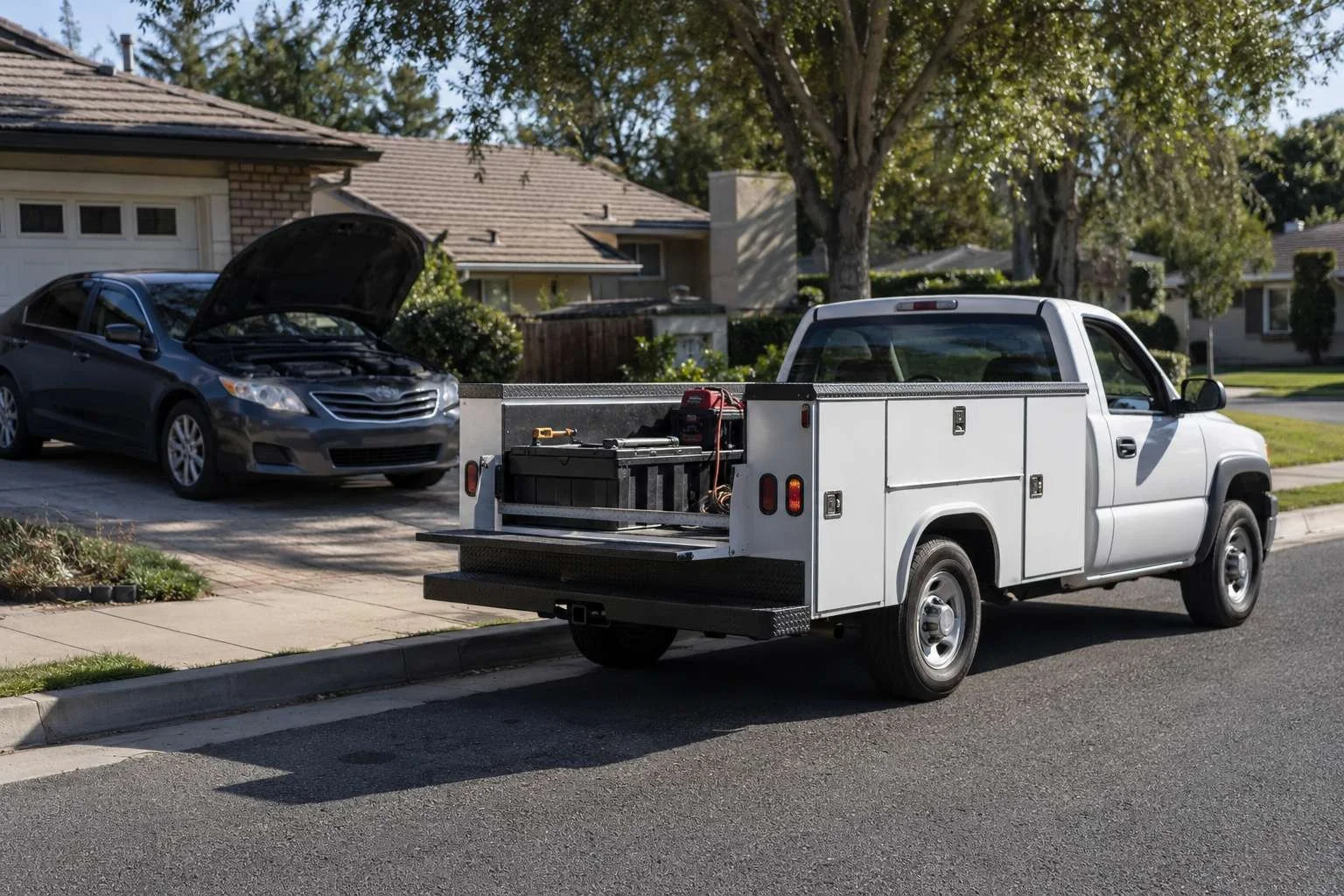A single white utility-body service truck at a suburban curb, a hood-up car waiting in the driveway behind it