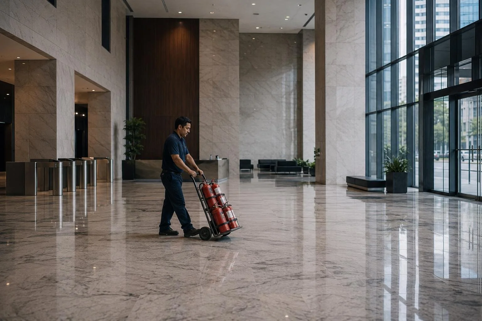 A single technician with a hand truck of extinguishers crossing the lobby of a large office building