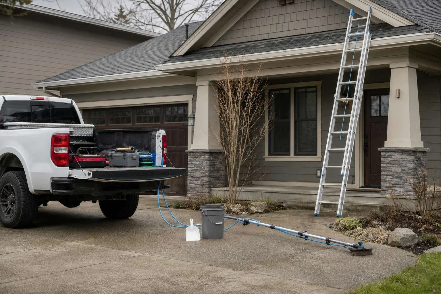A handyman's truck of tools and a ladder at one home, showing several home services on one visit