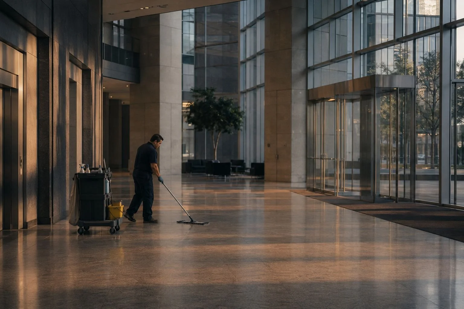 A janitorial worker cleaning the floor of a commercial office lobby in the evening, part of the $110 billion US cleaning industry