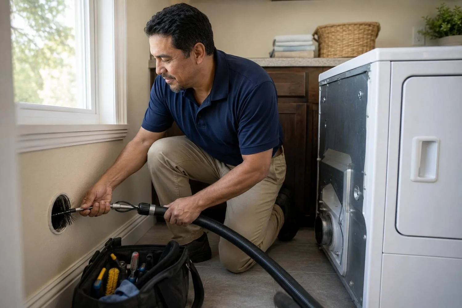 A dryer vent cleaning technician in a navy polo shirt and khaki chinos kneeling in a bright laundry room, smiling as he feeds a rotary brush and vacuum hose into the wall vent behind a pulled-out dryer, an open tool bag on the floor beside him