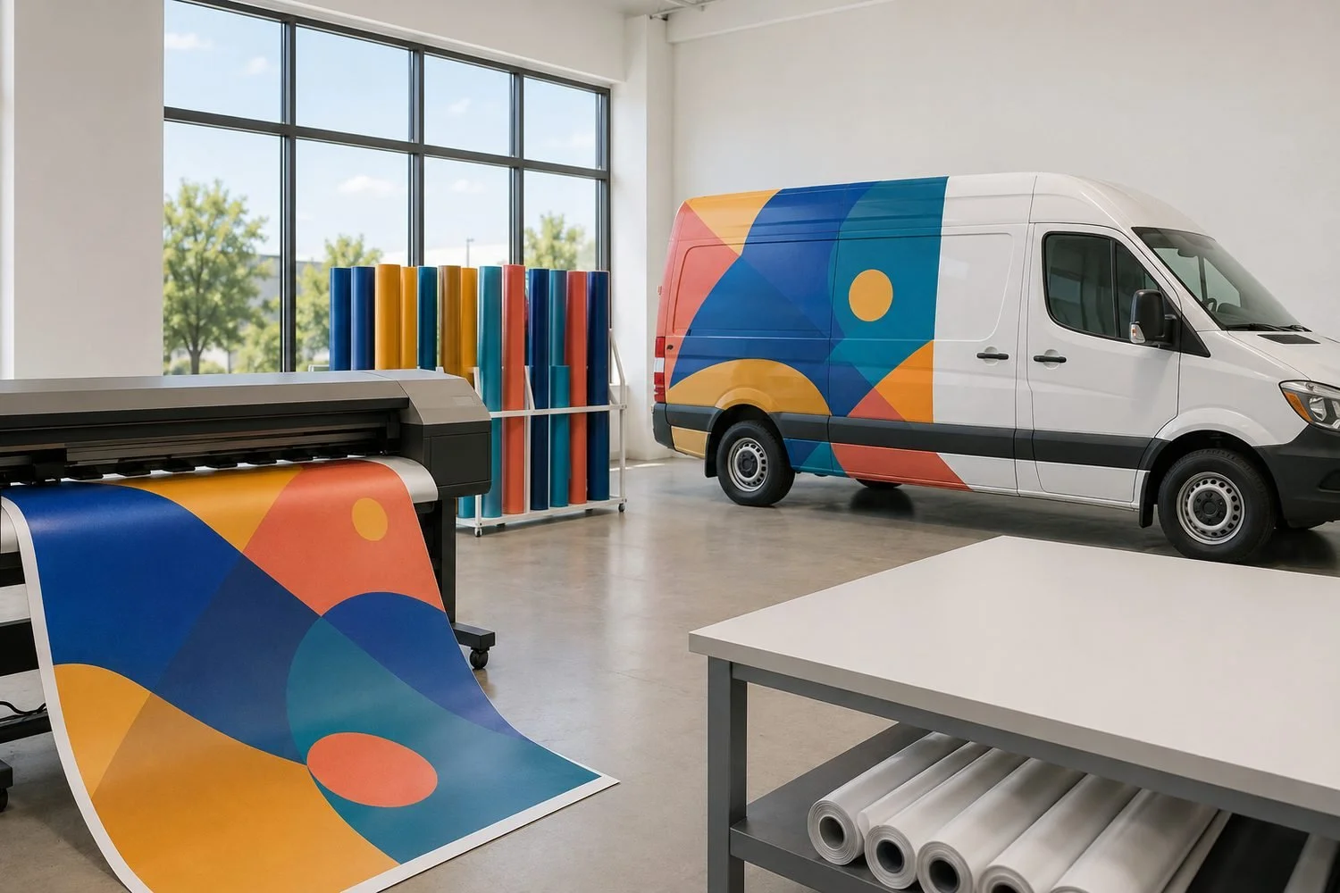 A clean sign shop bay with a wide-format printer running a long panel of abstract coloured graphics, a rack of upright vinyl rolls, a flat worktable, and a white delivery van part-way through being wrapped in the same colour scheme