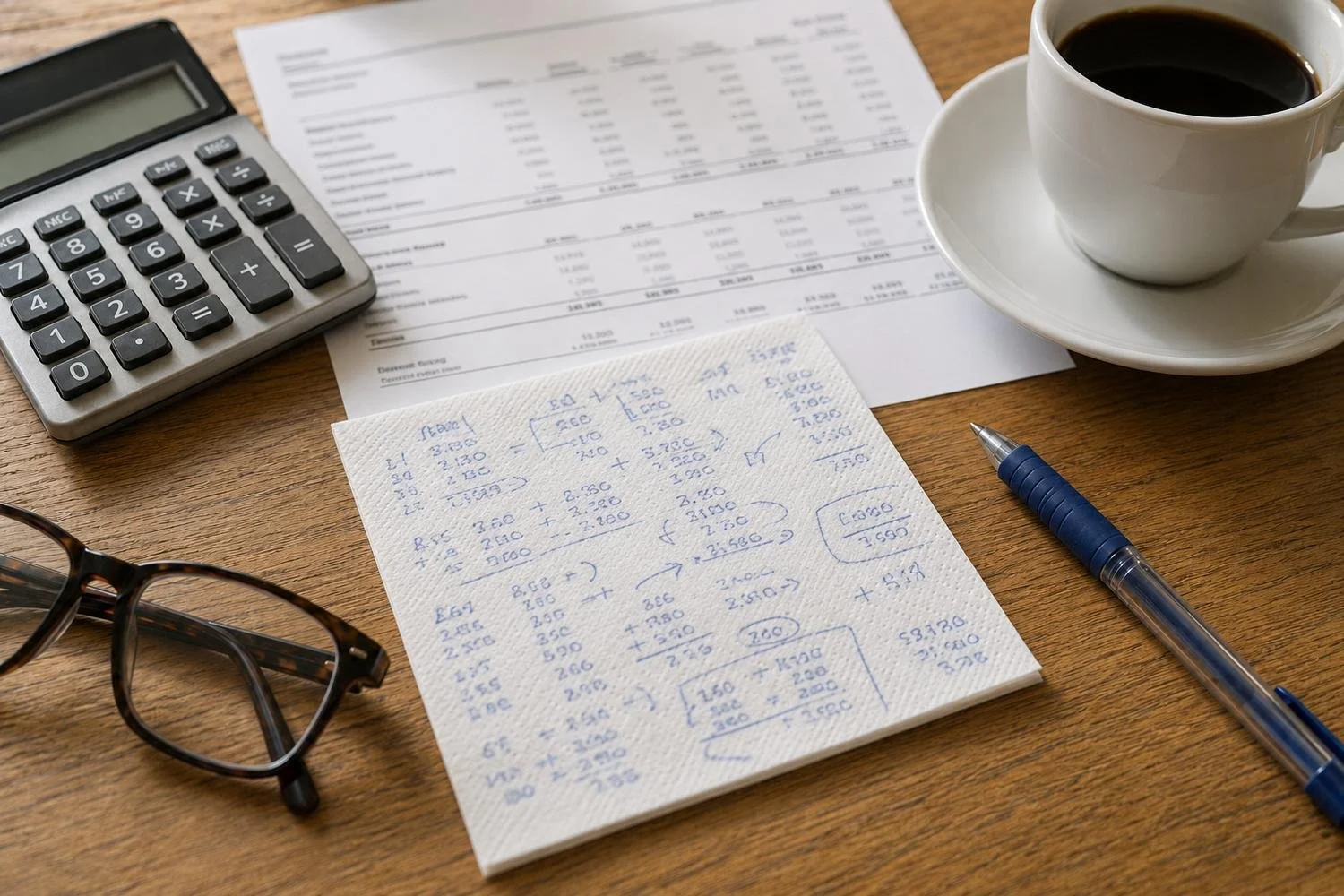 A napkin covered in a handwritten cash-flow calculation in blue pen, resting on a bright wooden table beside a calculator, a cup of coffee, reading glasses and a printed financial statement