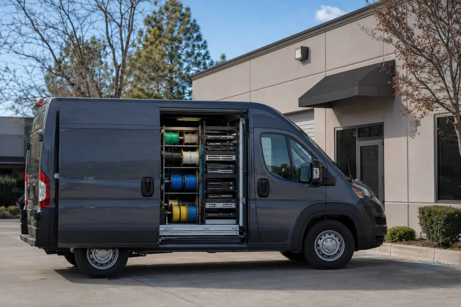 A single unmarked cargo van at a small business, side door open to reveal spools of network cable and a rack of networking gear