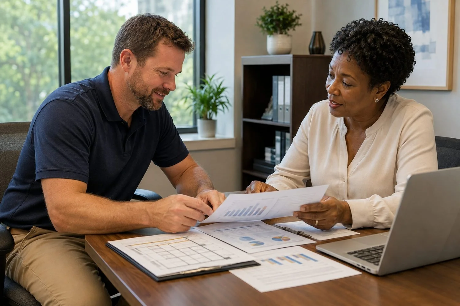 The same roofing contractor, in his navy polo and khakis, sitting at a table with a community lender in a cream blouse, the two of them going through printed financial statements and a job schedule together