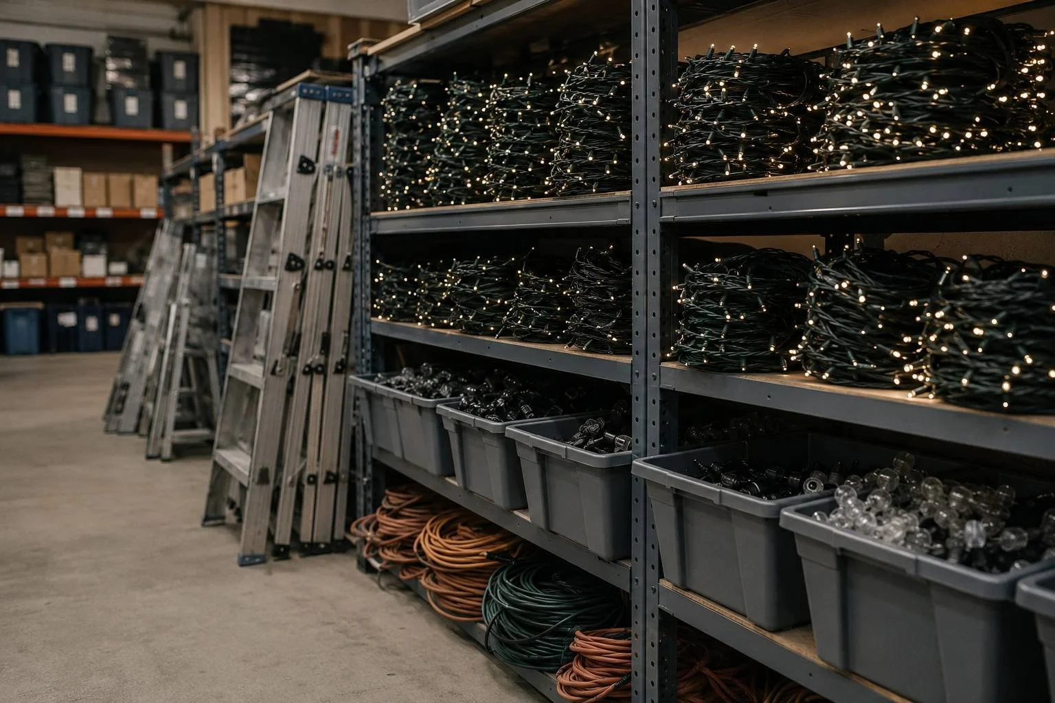 Storage racks of coiled light strings, clips, timers, and extension cords beside ladders in a warehouse