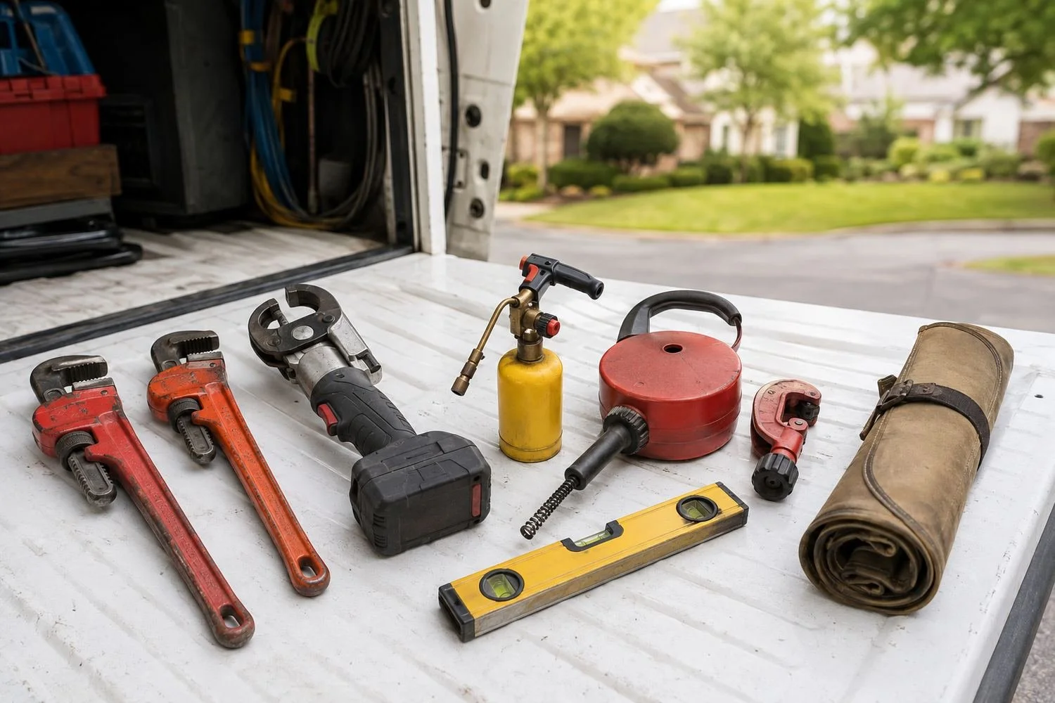 Plumbing startup tools laid out on the open tailgate of the same white service van — two pipe wrenches, a battery press tool, a torch kit, a drain auger, a tubing cutter, a level and a rolled canvas tool pouch, with a suburban street beyond