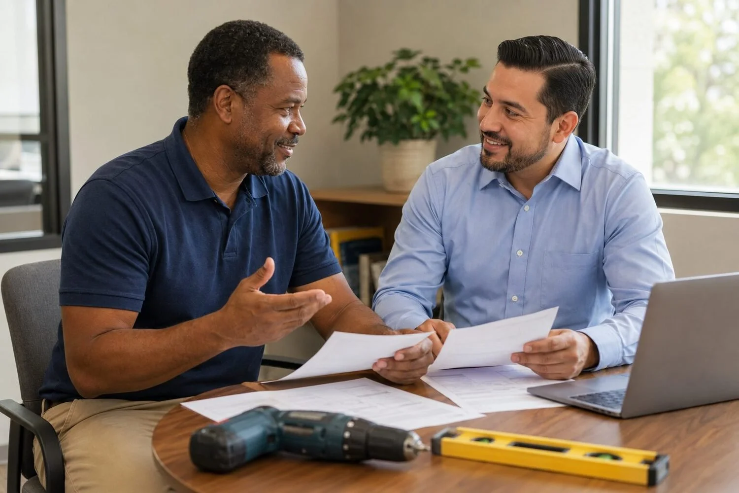 The same handyman business owner in a navy polo shirt sitting at a desk with a community lender, both smiling mid-conversation over printed financial statements, a cordless drill and a spirit level on the desk beside a laptop