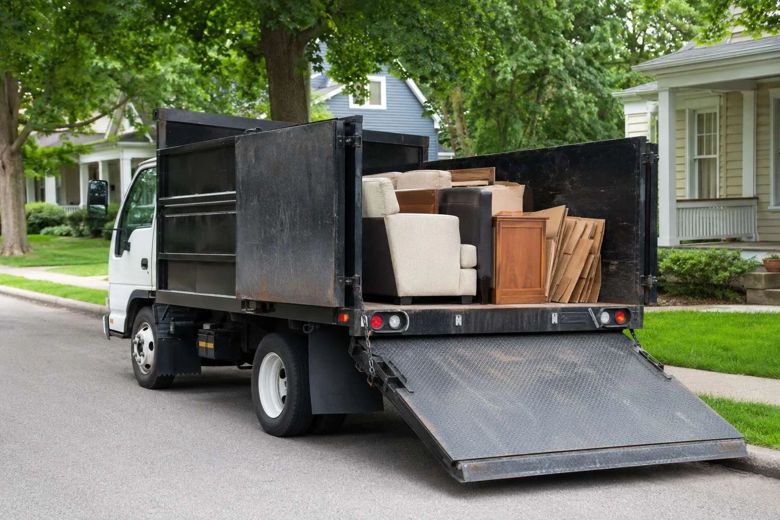 A single unmarked dump-body truck with its loading ramp down at a residential curb, an orderly partial load of household furniture and flattened boxes in the bed