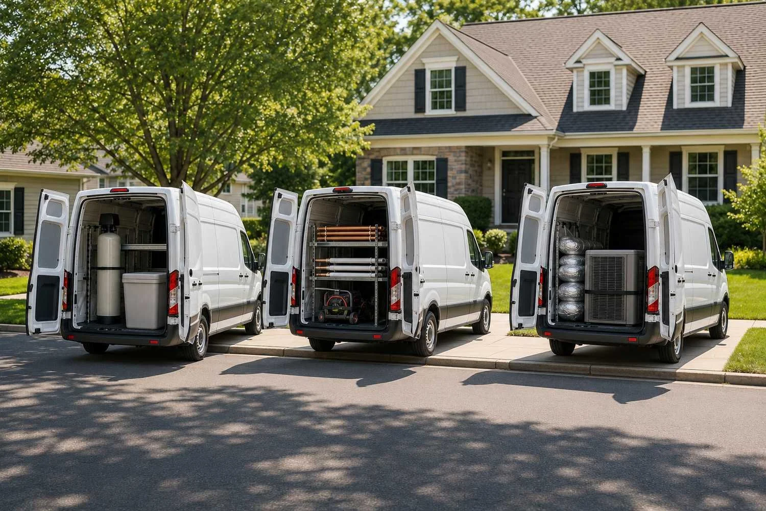 Three unmarked white service vans at the same suburban house, distinguished only by what each one carries: water treatment tanks in the first, copper pipe and drain equipment in the second, HVAC ducting and a condenser in the third