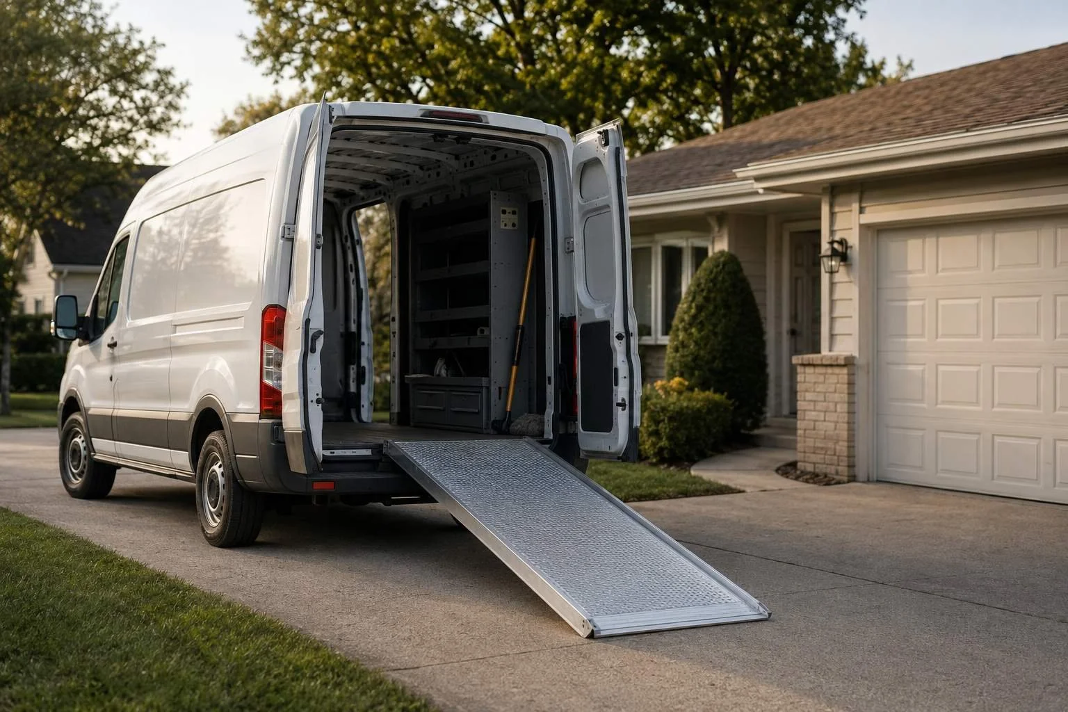 A single unmarked work van at a suburban home with a modular aluminum ramp deployed from the rear